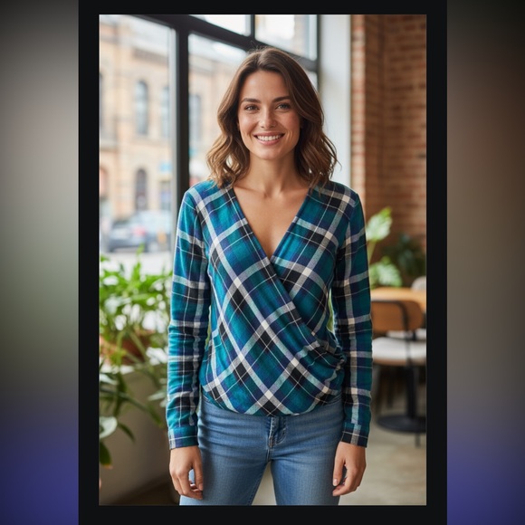 Express Blue and Black Wrap Blouse Long Sleeve - Picture 1 of 5